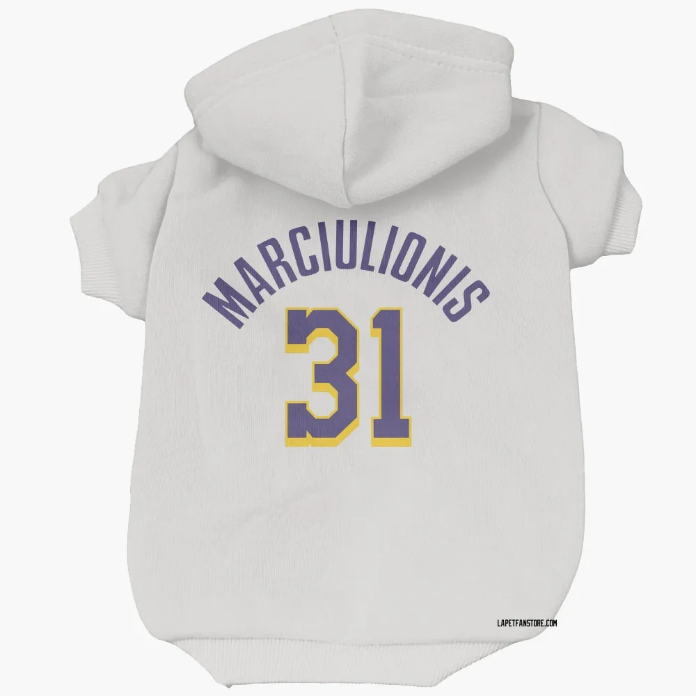 Los Angeles Lakers Augustas Marciulionis White Purple Pet Hoodie for Dog & Cat
